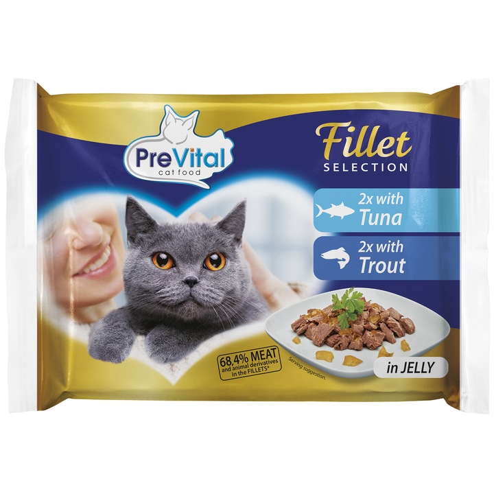 PreVital Fillet Selection Pouch nedvestáp steril macskáknak, Tonhal és Pisztráng, 4x85g
