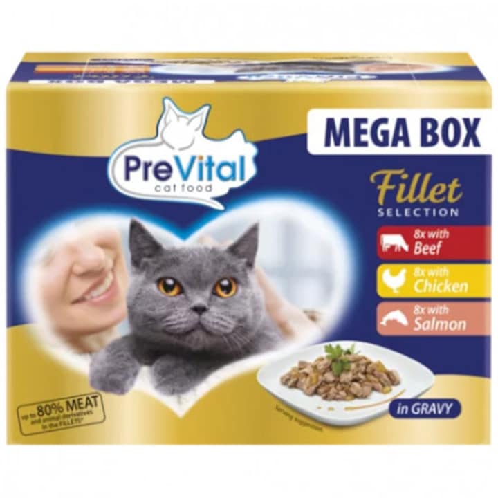 PreVital nedves macskaeledel, Filet Selection Pouch, Vita, Csirke, Lazac, 24x85g
