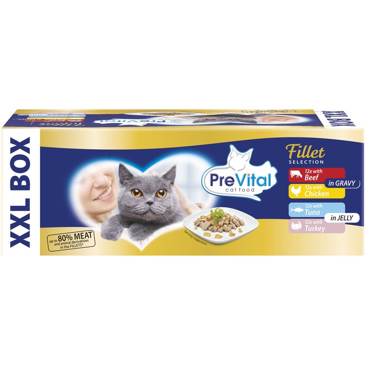 PreVital Fillet Selection Pouch nedves macskaeledel, Vita, csirke, tonhal, pulyka, 48x85g