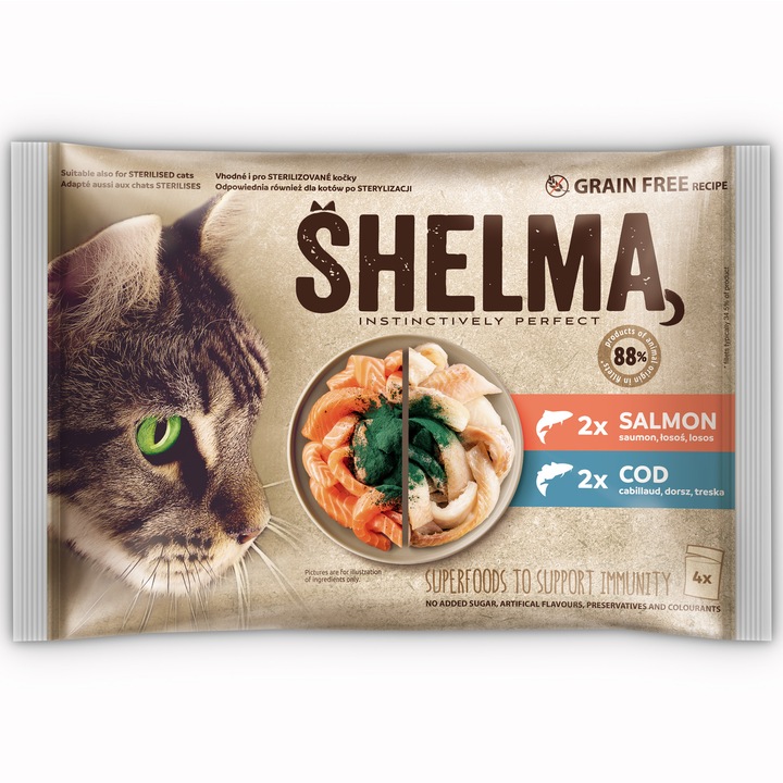 Hrana umeda pentru pisici, Shelma, 2xSomon ,2xCod, 4x85g