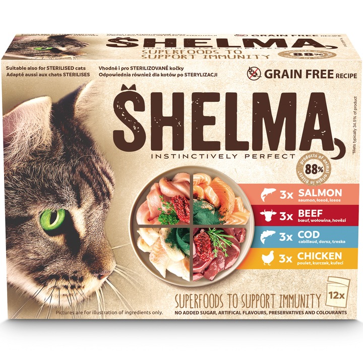 Hrana umeda pentru pisici, Shelma, selectie Pui si Peste, 12x85g