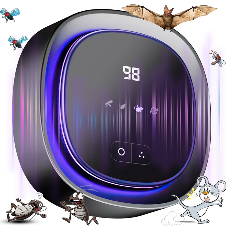 Aparat Profesional cu Ultrasunete Anti Rozatoare, Excitat®, Tantari, Muste, Gandaci, Portabil, Usb, 2000mAh, Acoperire 360° de pana la 300 MP, Poate fi atarnat, Negru