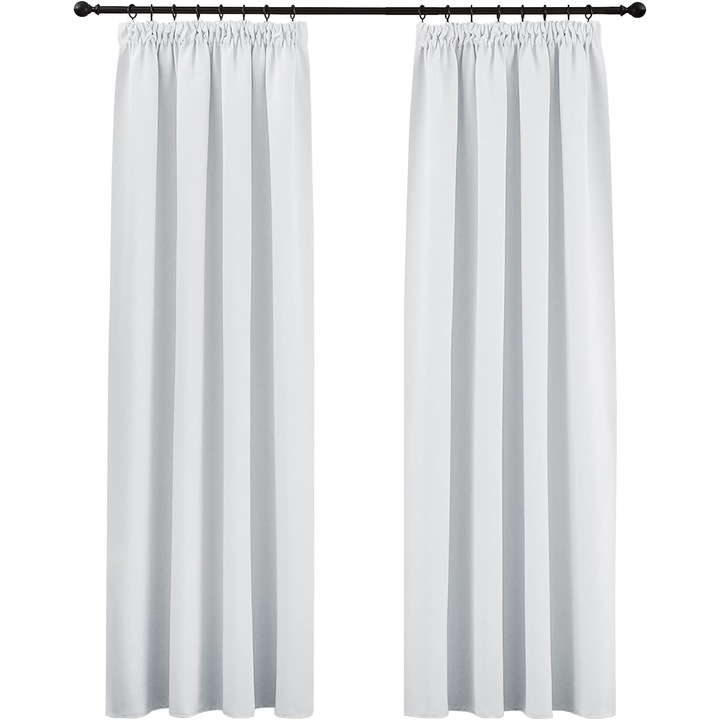 Set 2 Perdele Pony Dance, 140 x 245 cm, Alb Gri, Opace, Blackout, Termoizolante, cu Banda cu Volone