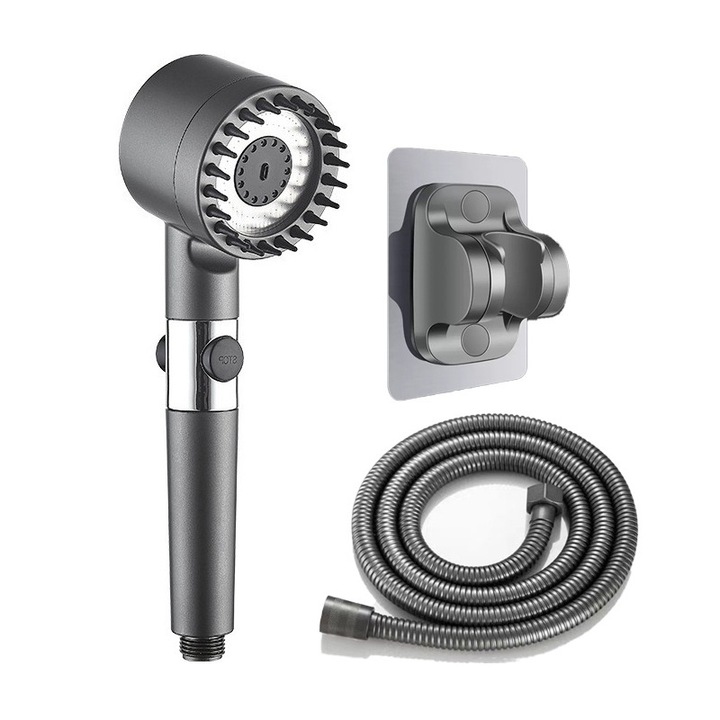 Para Cap De Dus, Cu accesorii, BOMSTOM, Set coloana de dus, 3 functii, masaj scalp, gri, 2m furtun, 25.5 x 7.5 x 6cm