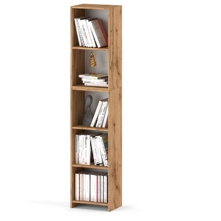 Biblioteca, Stiv-Meble, Model FP3_REGAL40_5P_WOWO, Design Modern, Constructie Solida, Perfect Pentru Orice Interior, Cu 5 Rafturi, Pentru Carti, Jucarii, Dimensiuni 189.5 x 40 x 30.5 cm, Placa Laminata/ABS, Stejar Wotan