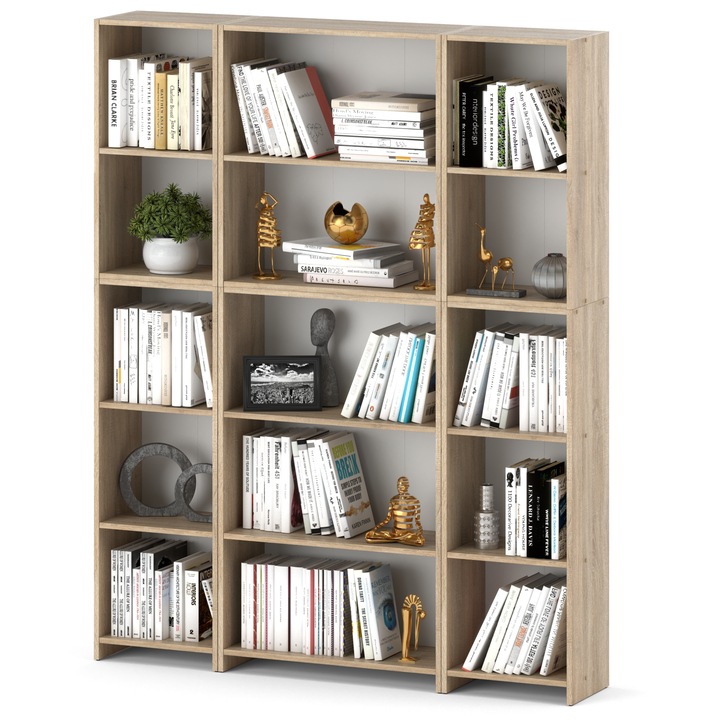 Biblioteca, Stiv-Meble, Model FP3_REGAL407040_5P_SOSO, Design Modern, Constructie Solida, Perfect Pentru Orice Interior, Cu 15 Rafturi, Pentru Carti, Jucarii, Dimensiuni 189.5 x 150 x 30.5 cm, Placa Laminata/ABS, Stejar Sonoma