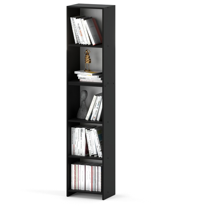 Biblioteca, Stiv-Meble, Model FP3_REGAL40_5P_CZMCZM, Design Modern, Constructie Solida, Perfect Pentru Orice Interior, Cu 5 Rafturi, Pentru Carti, Jucarii, Dimensiuni 189.5 x 40 x 30.5 cm, Placa Laminata/ABS, Negru Mat