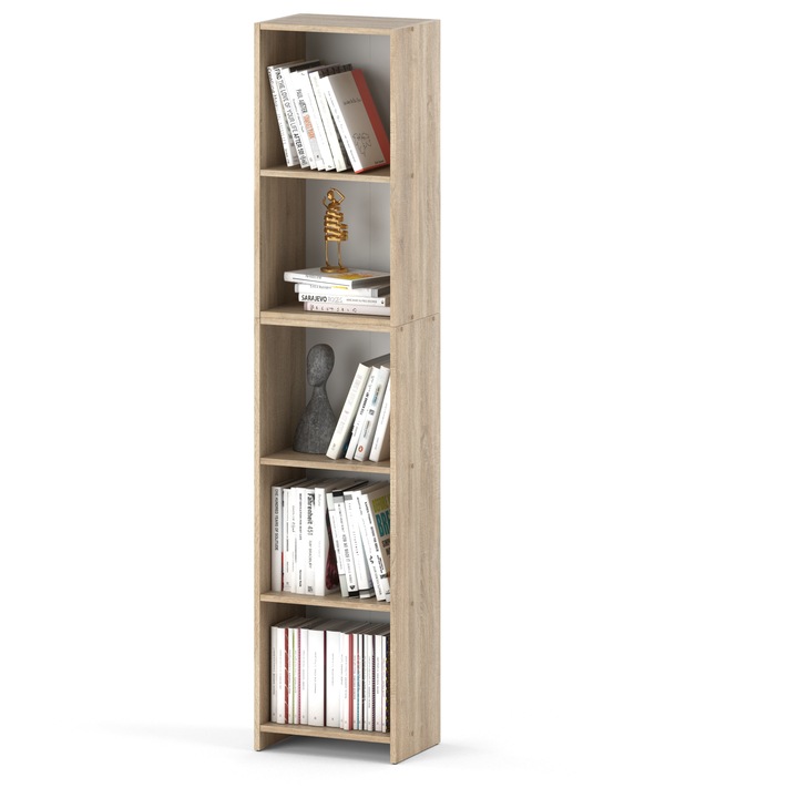 Biblioteca, Stiv-Meble, Model FP3_REGAL40_5P_SOSO, Design Modern, Constructie Solida, Perfect Pentru Orice Interior, Cu 5 Rafturi, Pentru Carti, Jucarii, Dimensiuni 189.5 x 40 x 30.5 cm, Placa Laminata/ABS, Stejar Sonoma