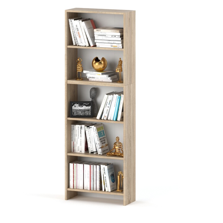 Biblioteca, Stiv-Meble, Model HIT REGAL_5P_SO, Design Modern, Constructie Solida, Suspendat, Perfect Pentru Orice Interior, Cu 5 Rafturi, Pentru Carti, Jucarii, Dimensiuni 189 x 60 x 30 cm, Placa Laminata/ABS, Stejar Sonoma