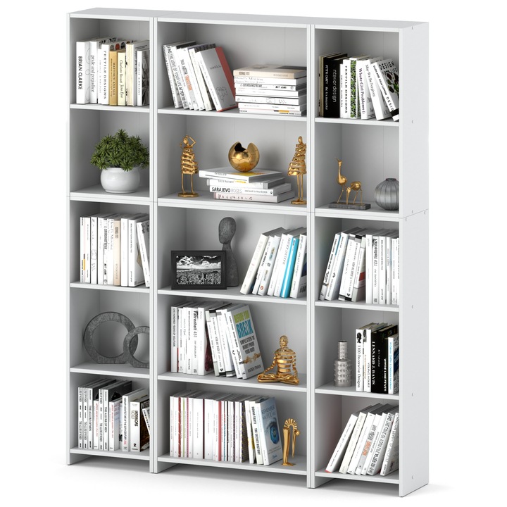 Biblioteca, Stiv-Meble, Model FP3_REGAL407040_5P_BMBM, Design Modern, Constructie Solida, Perfect Pentru Orice Interior, Cu 15 Rafturi, Pentru Carti, Jucarii, Dimensiuni 189.5 x 150 x 30.5 cm, Placa Laminata/ABS, Alb Mat
