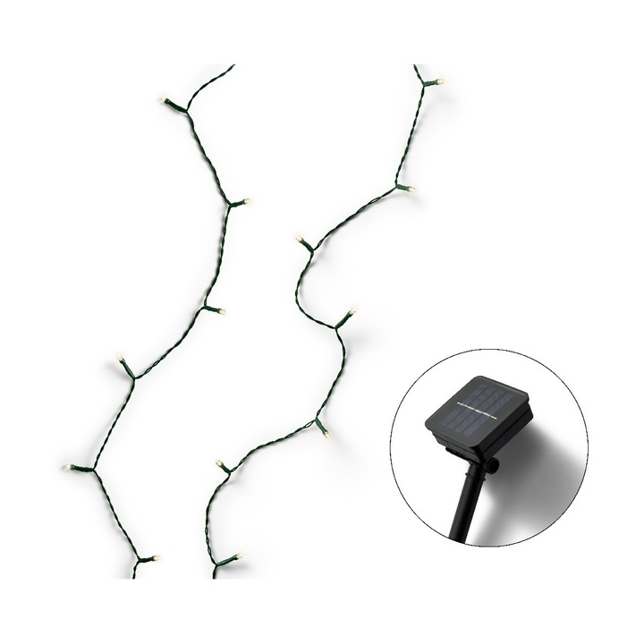Napelemes karácsonyfa telepítés LED-ekkel, 10 méter, meleg fény, fekete kábel, 2 funkció, 100 LED, IP-44, kültérre, napelem