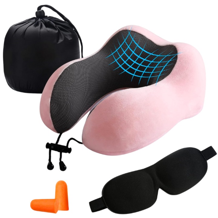 Set Perna de Calatorie pentru Gat TechGS, Masca de Fata, Dopuri de Urechi, Husa Transportare Voiaj, Model Compact, Confortabil, Roz