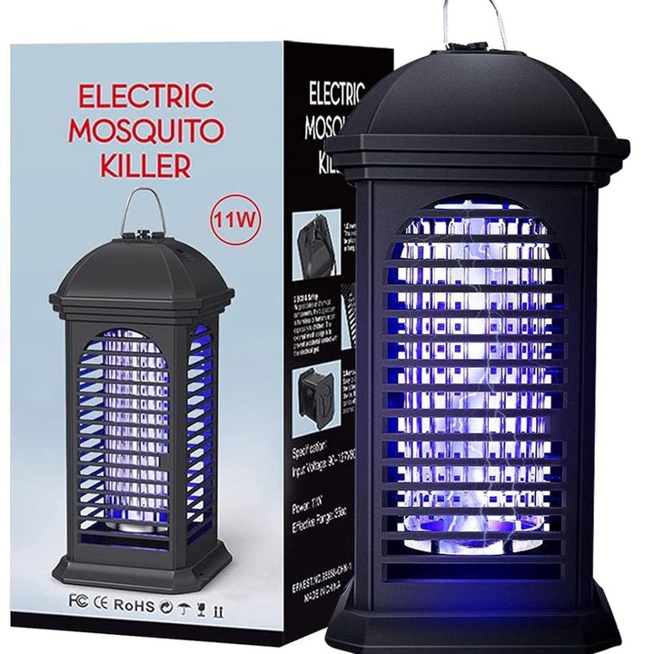 Lampa UV Anti Insecte LUXEMATE®, Aparat Antitantari, Muste, Musculite, Fluturi, Molii, Silentioasa, 11 W, 1800 V, Acoperire 360°- 60 MP, Interior/Exterior, Tavita Insecte Detasabila, Non Toxic, Negru