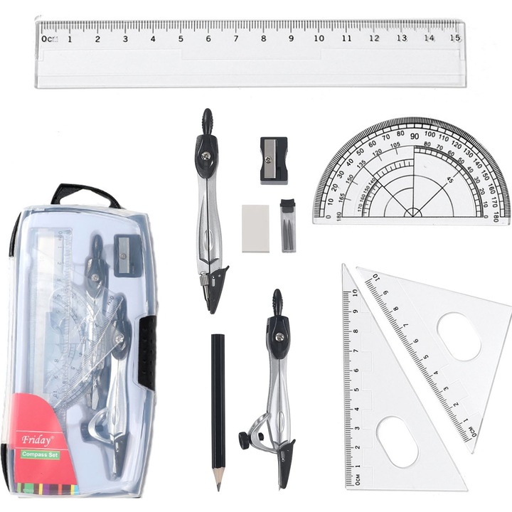 Set de geometrie, JENUOS®, 10 bucati, cu creion mecanic si accesorii, plastic flexibil, desen, Transparent