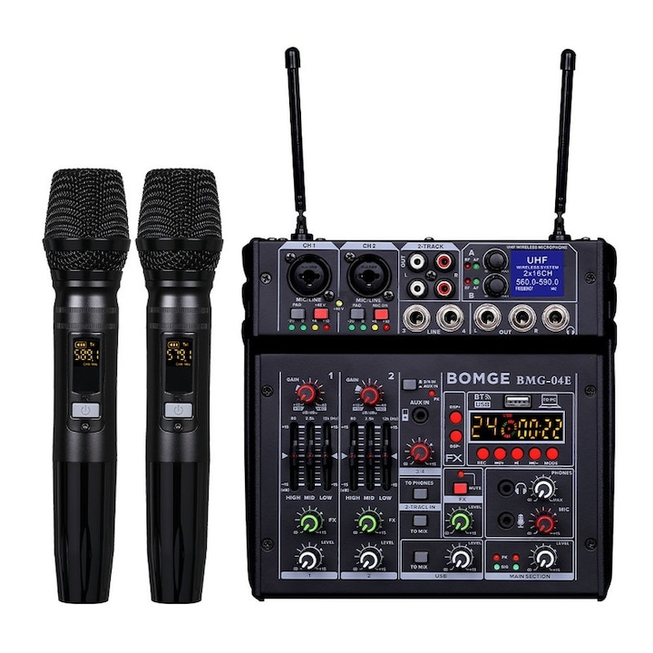Аудио миксер BOMGE 04E, 4 канала, двоен UHF безжичен микрофон, Bluetooth, 24-битови DSP ефекти