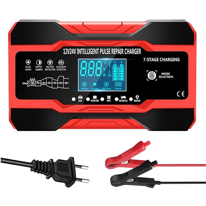 Redresor baterii auto DP1210, 12V 10A - 24V 5A, 180W, incarcare in 7 etape, 4 functii, negru cu rosu