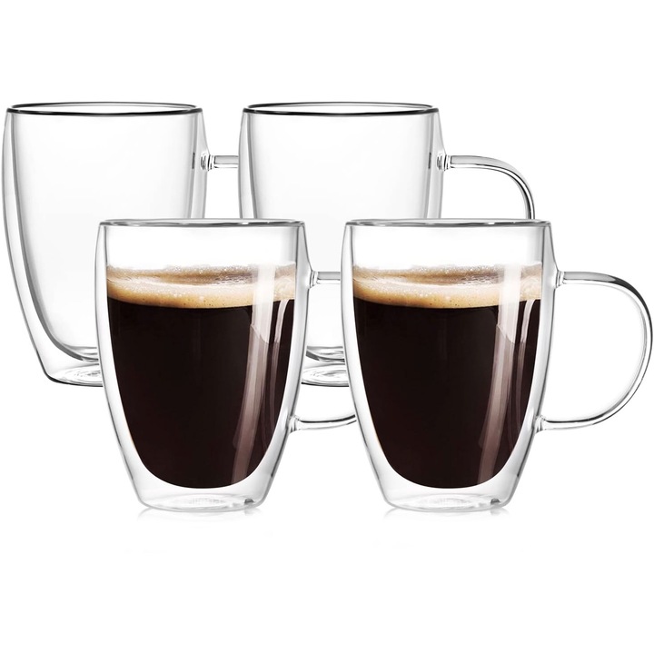 Set 4 cesti de cafea termorezistenta, pereti dubli, 450ml, Callena