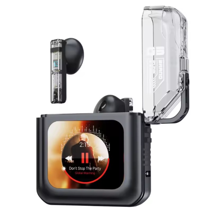 Bluetooth fülhallgató érintőképernyővel, APP vezérlés, óra, zajcsökkentés, EQ beállítás, hosszú akkumulátor élettartam, fekete