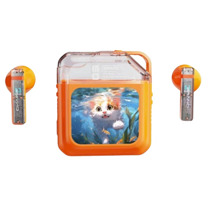 Bluetooth fülhallgató érintőképernyővel, APP vezérlés, óra, zajcsökkentés, EQ beállítás, hosszú akkumulátor élettartam, narancssárga