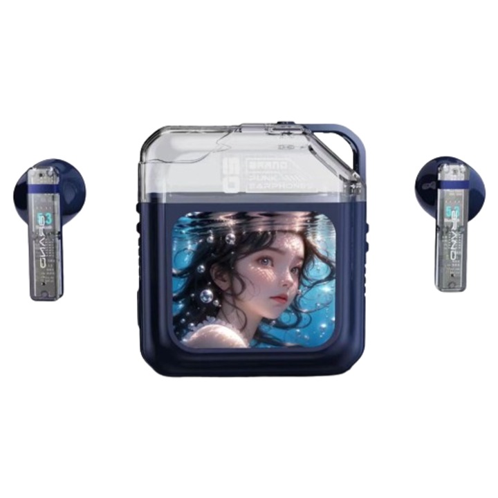 Bluetooth fülhallgató érintőképernyővel, APP vezérlés, óra, zajcsökkentés, EQ beállítás, hosszú akkumulátor üzemidő, kék