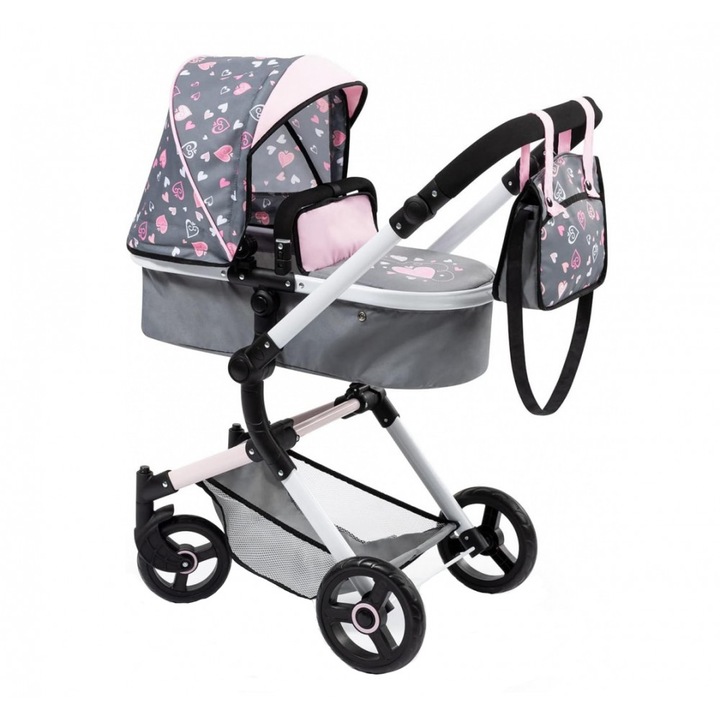Carucior 2in1 pentru papusi Neo Vario Grey/Pink reversibil, cadru pliabil, gentuta inclusa, maner reglabil 79cm, roti pivotante,79x42x86 cm