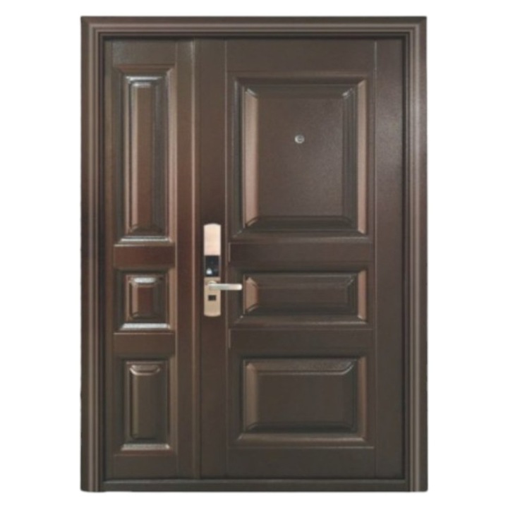 Usa metalica dubla de exterior cu izolatie si vizor Novo Doors ND5001, Deschidere dreapta, 1 yala, dimensiune 200X140 centimetri, Tabla 0.7 mm, Balamale si clanta incluse, Toc de 7 centimetri, Pentru case, Maron