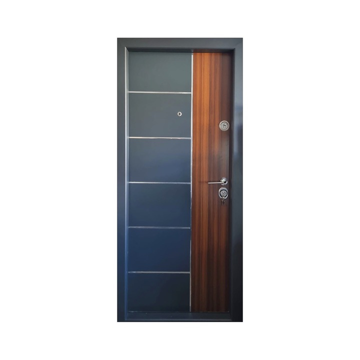 Usa metalica de exterior din compozit cu izolatie si vizor Novo Doors First Class NDS08, Deschidere Dreapta, Dimensiune 200X98 cm, Izolatie cu vata bazaltica, Tabla 1.2 mm, Gri Antracit cu insertie lemnoasa