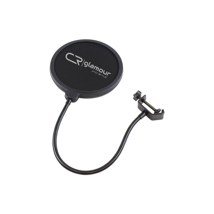 Професионален филтър за защита на микрофона, Гъвкава 360° стабилизираща опора за рамото с метално гърло, регулируема, издръжлива, черен+сив, Защита на Pop Filter Shield, двойно филтриране