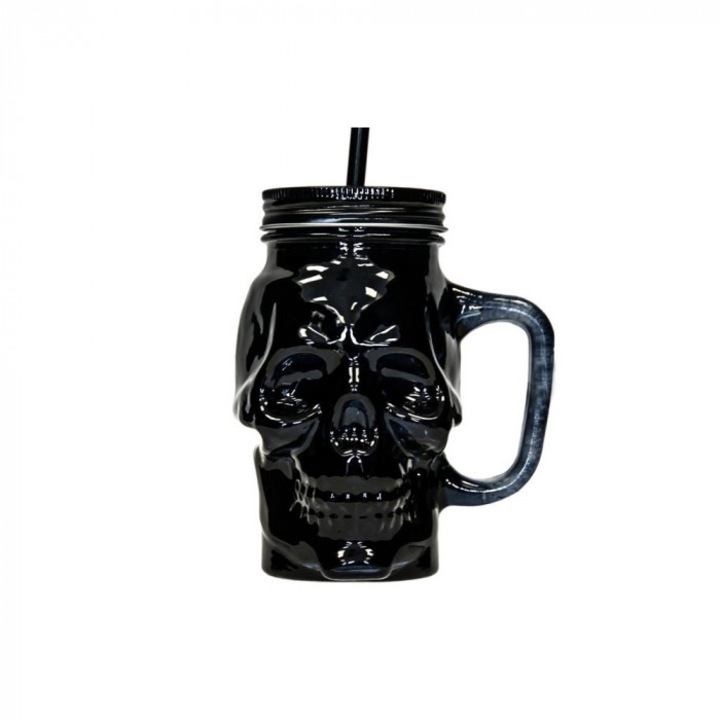 Üveg szalmával és fedéllel, Koponya modell, 400 ml, 15x7 cm, Üveg, ATU-085303