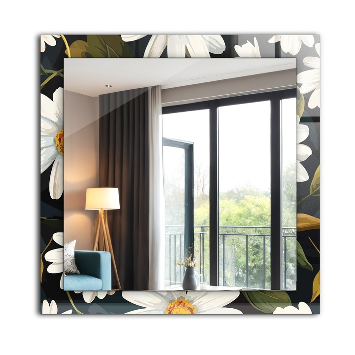 Oglinda dreptunghiulara, Tulup, Frunze de margareta alba, Alb, 60x60 cm, de perete, Cu rama, 010300550390300277385