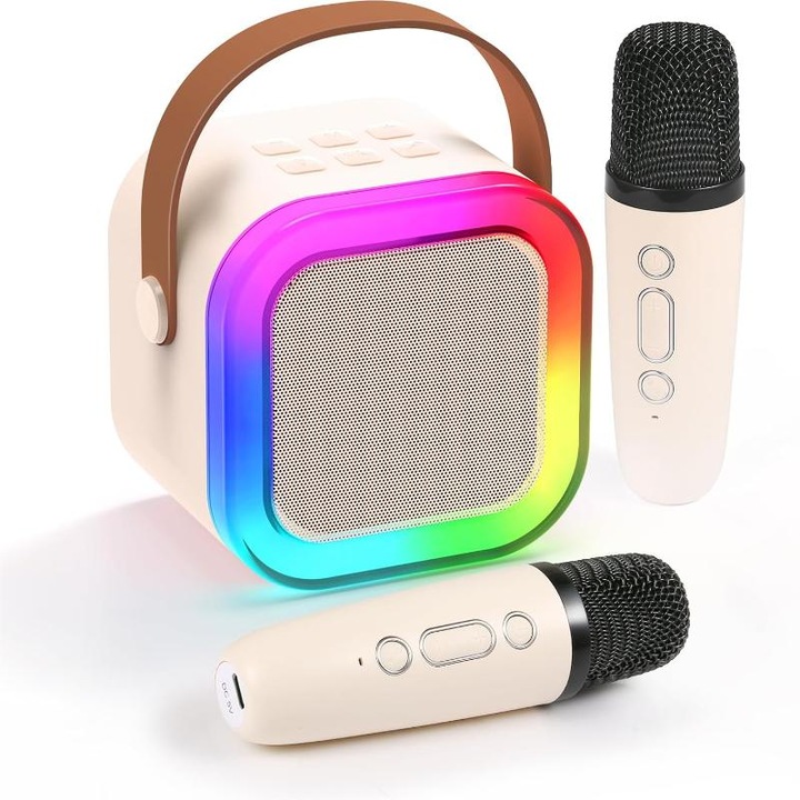 Mokeum K12 hordozható karaoke szett, Bluetooth 5.3, LED fényeffektusok, 2 vezeték nélküli mikrofon, bézs