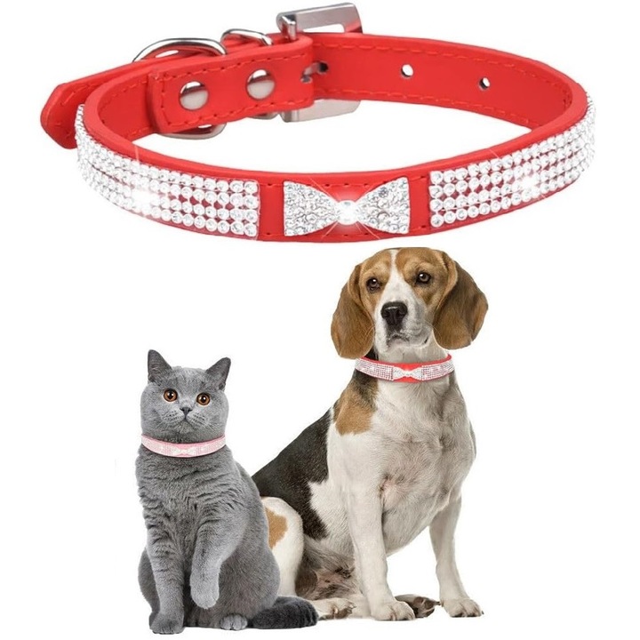 Zgarda cu strasuri si fundita din strasuri, din piele PU, pentru caini si pisici, S, Rosu