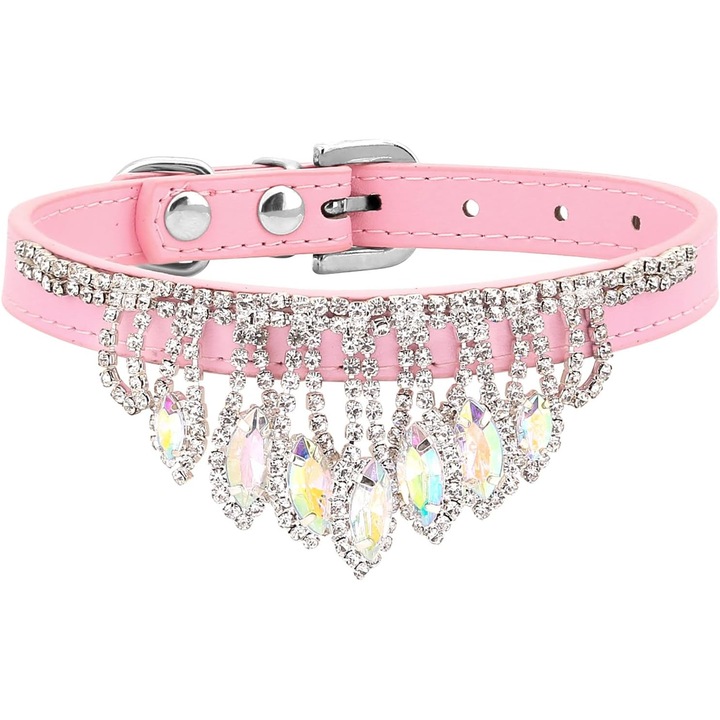 Zgarda cu cristale si strasuri, din piele PU, pentru caini si pisici, XS, Roz