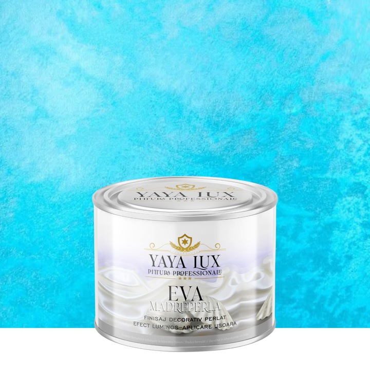 Vopsea decorativa de Lux, Eva Madreperla cu Fulgi de Sticla, Azur, 0, 5 Litri, YaYa Color