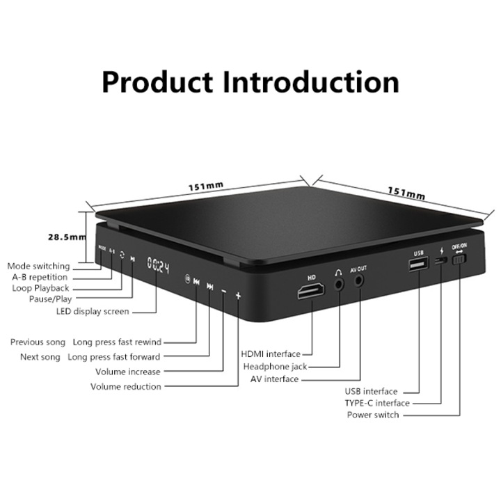 DVD player HD WEPZSXO, Full HD, touch, negru, 28x15x15cm