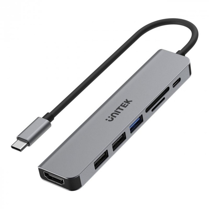 USB-C хъб Unitek H1118A 7w1, HDMI 4K, 3x USB-A, USB-C PD 100W, алуминий