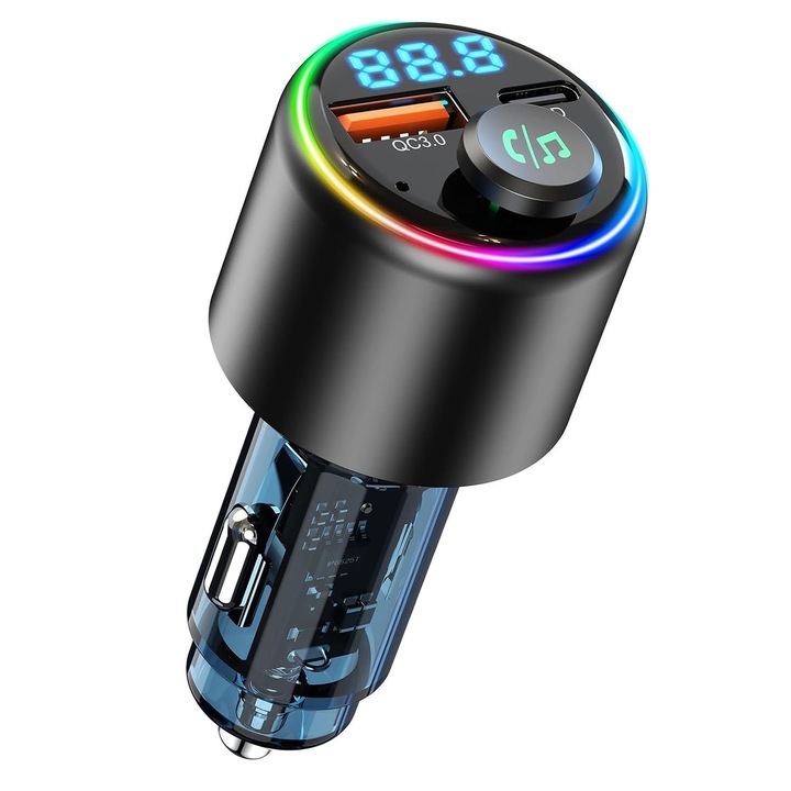 FM модулатор, bluetooth 5.3, съвместим с всяка кола, JENUOS®, led светлина 7 режима, цифров дисплей, бързо зареждане, хендсфри с шумопотискане, FM трансмитер с функция за зарядно за кола, черен