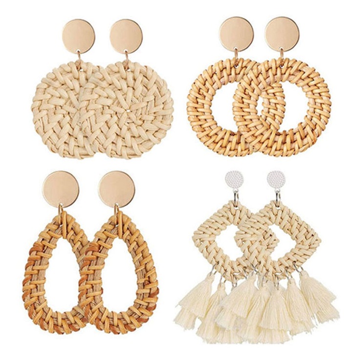 Set 4 perechi de cercei din ratan, cercei boemi cu ciucuri, lucrati manual, LEIISVK, diverse stiluri