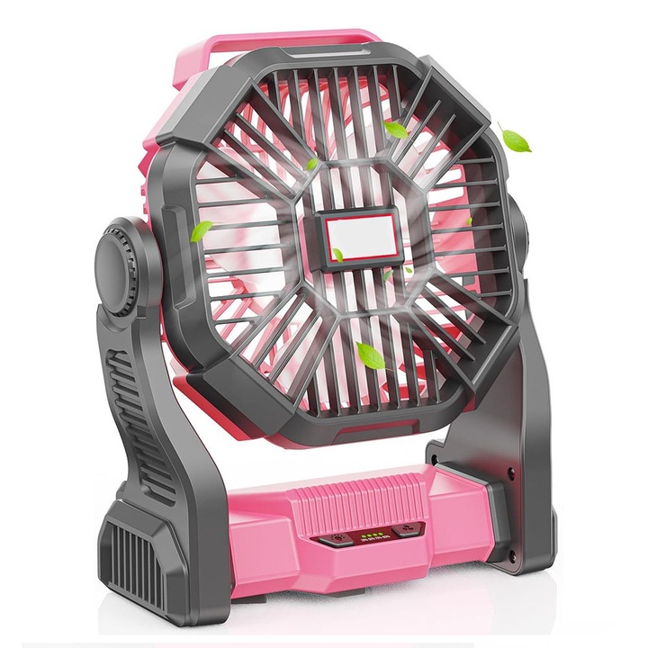 Ventilator portabil pentru camping, Patru viteze ale vantului, Cu baterie de 10400mAh, Atarnat si in picioare, reincarcabil, Cu LED, 21.5x8.9x25.5cm, LEIISVK, roz