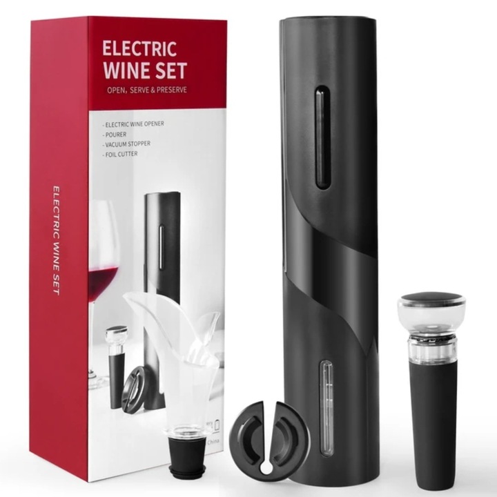 Tirbuson professional actionat electric pentru sticlele de vin, cu accesorii, cutter folie, dop sticla vin, aerator vin si cutie cadou