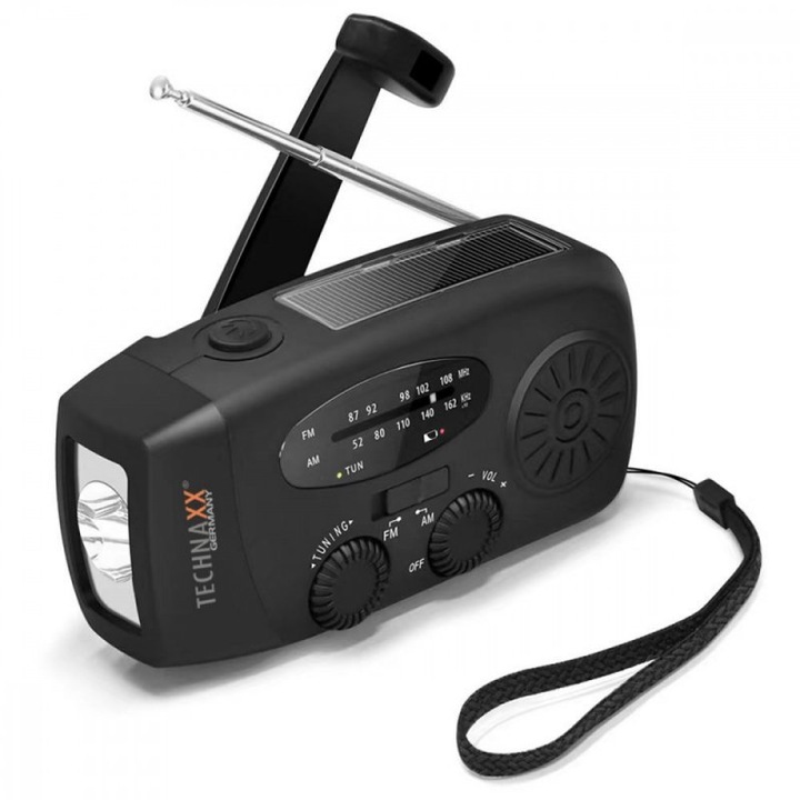 Radio portabil Technaxx TX-238, ABS, incarcare solara, lanterna LED, 130x48.5x62mm, negru