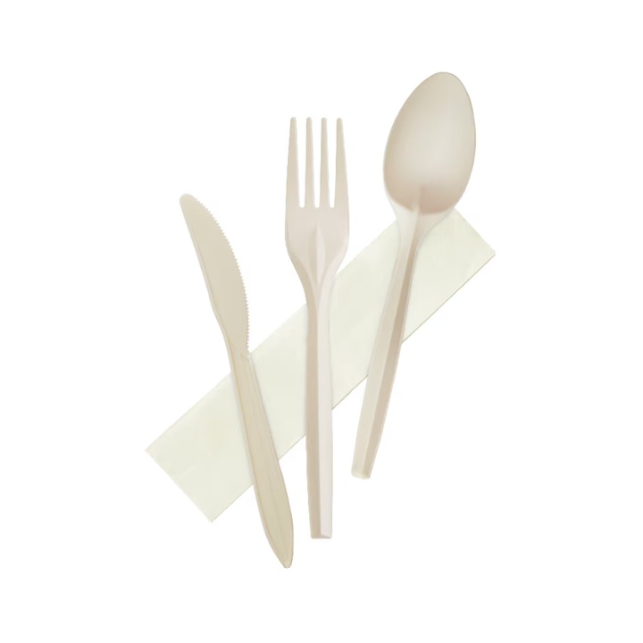 Комплект от 100 биоразградими прибори вилица, нож, лъжица и салфетка, опакован