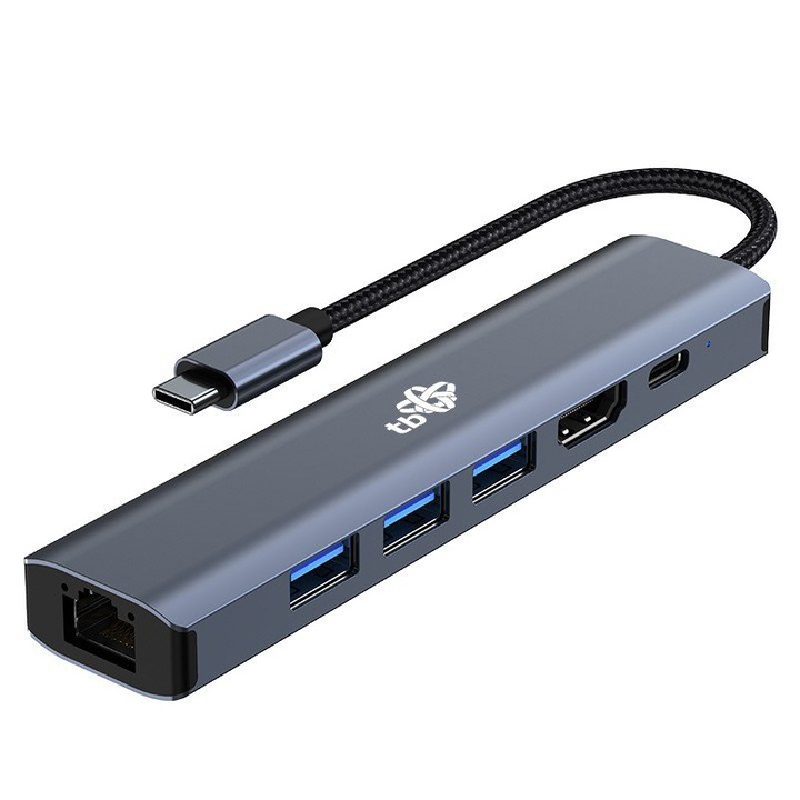 USB-C хъб 6in1 TB, HDMI 4K, 3xUSB 3.0, PD 100W, RJ-45 1000 Mbps, черен/сив