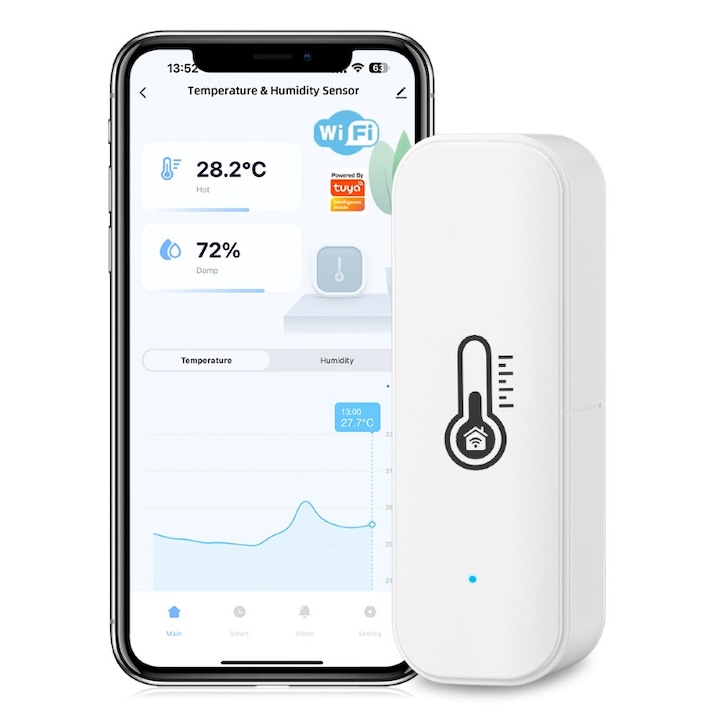 Senzor Temperatura si umiditate, Wi-Fi, App Tuya/Smart Life, Compatibil Alexa/Google Assistant, Alb