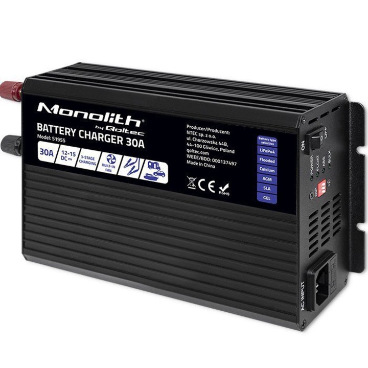 Incarcator baterii inteligent, Qoltec, Aluminiu, LED, Compatibil LiFePO4 / AGM / GEL / SLA, 30A, 12V, 150 x 255 x 73 mm, Negru