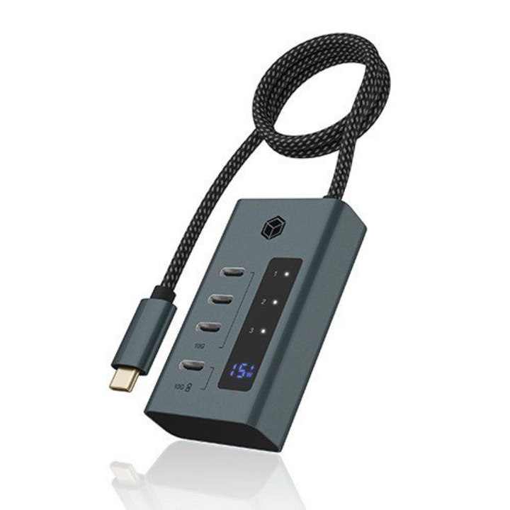 ICY BOX USB хъб IB-HUB1454-C31, 4 Type-C порта, 10 Gbit/s трансфер, 20W, вграден дисплей, 16x19x67mm