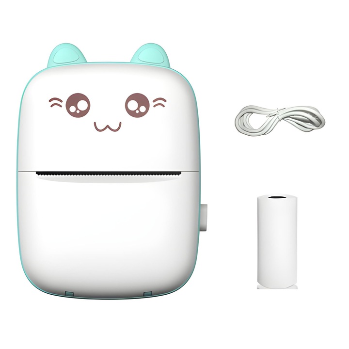 Fabra® mini hőnyomtató 10 papírtekerccsel, bluetooth, iOS / Android kompatibilis, APP nyomtatás, 1200 mAh, 200 DPI, fehér/kék, 11 x 8 x 3 cm