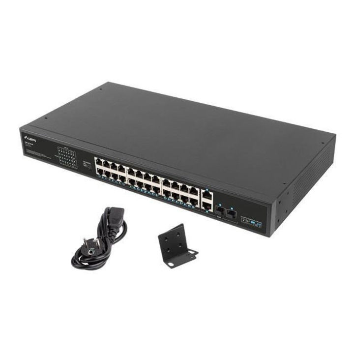 Комутатор, Lanberg switch 24x 100mb poe /2x combo rack 19" gigabit ethernet 360w v2