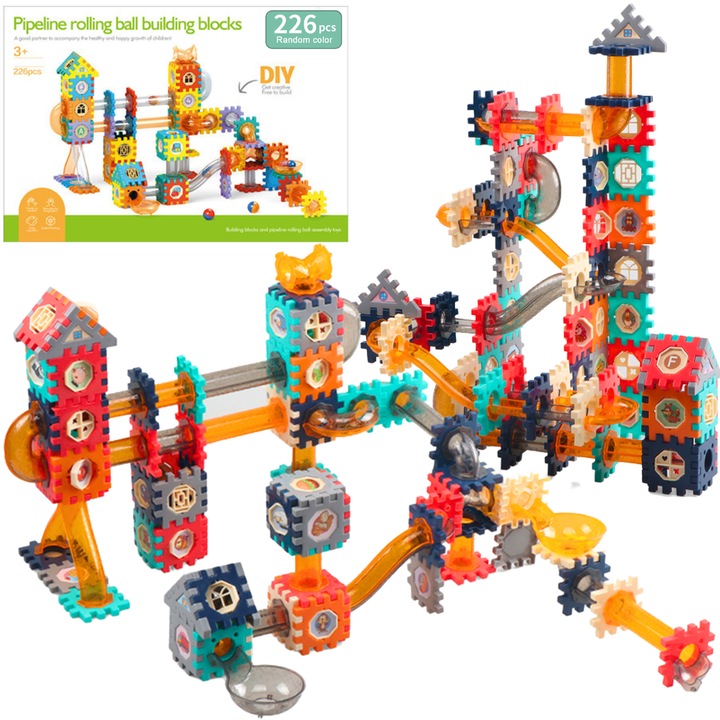 Set de Constructie cu imbinare Tiles 3D, cu Tuburi si Bile pentru Copii - 226 Piese, Blocuri de Asamblat DIY, Jucarie Educativa STEM pentru Dezvoltarea Creativitatii si Coordonarii, Diferite moduri de Constructie, Multicolor 3+ Ani