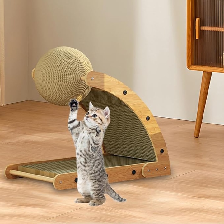 Jucarie rotativa si Interactiva pentru Pisici, Minge cu invelist de Sisal si Lemn - Ansamblu de Ascutit Ghearele, Design Modern si Rezistent, Zona de Relaxare, culoare Maro